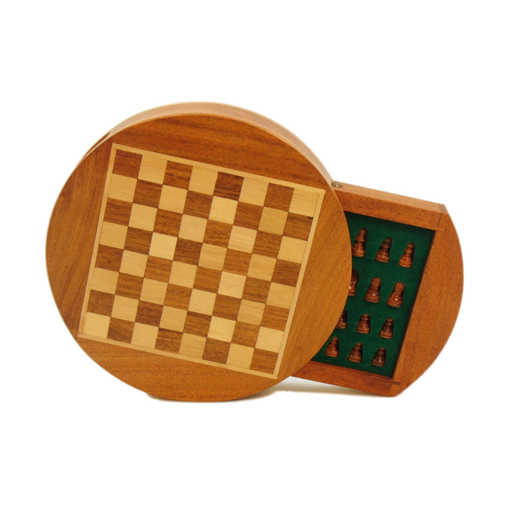 WorldWise Imports 6" Magnetic Round Wood Inlaid Chess Set with Slide Drawer - Image 3