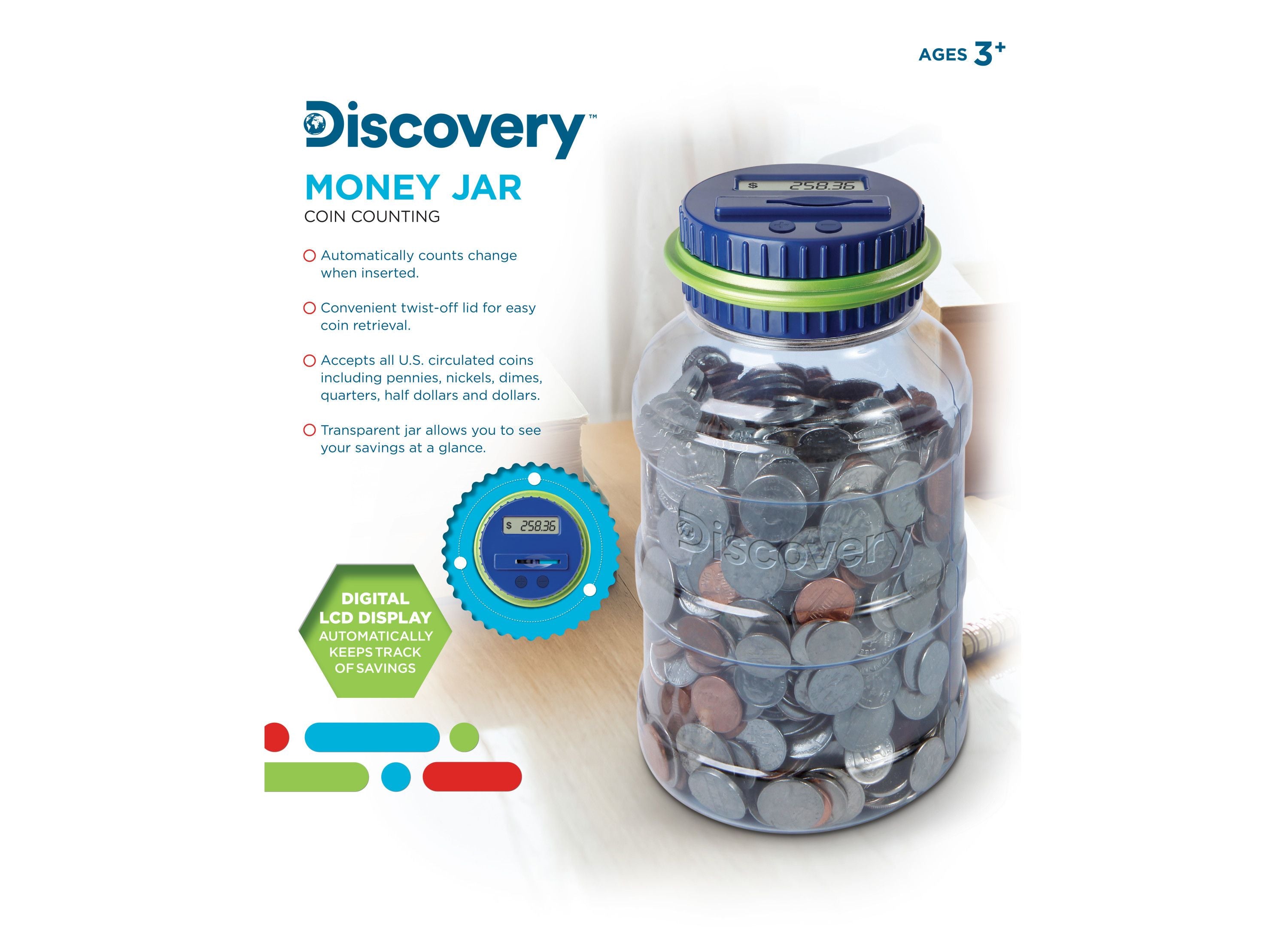 Alternative view of Discovery Kids Coin-Counting Money Jar - Digital LCD Display - Blue/Green