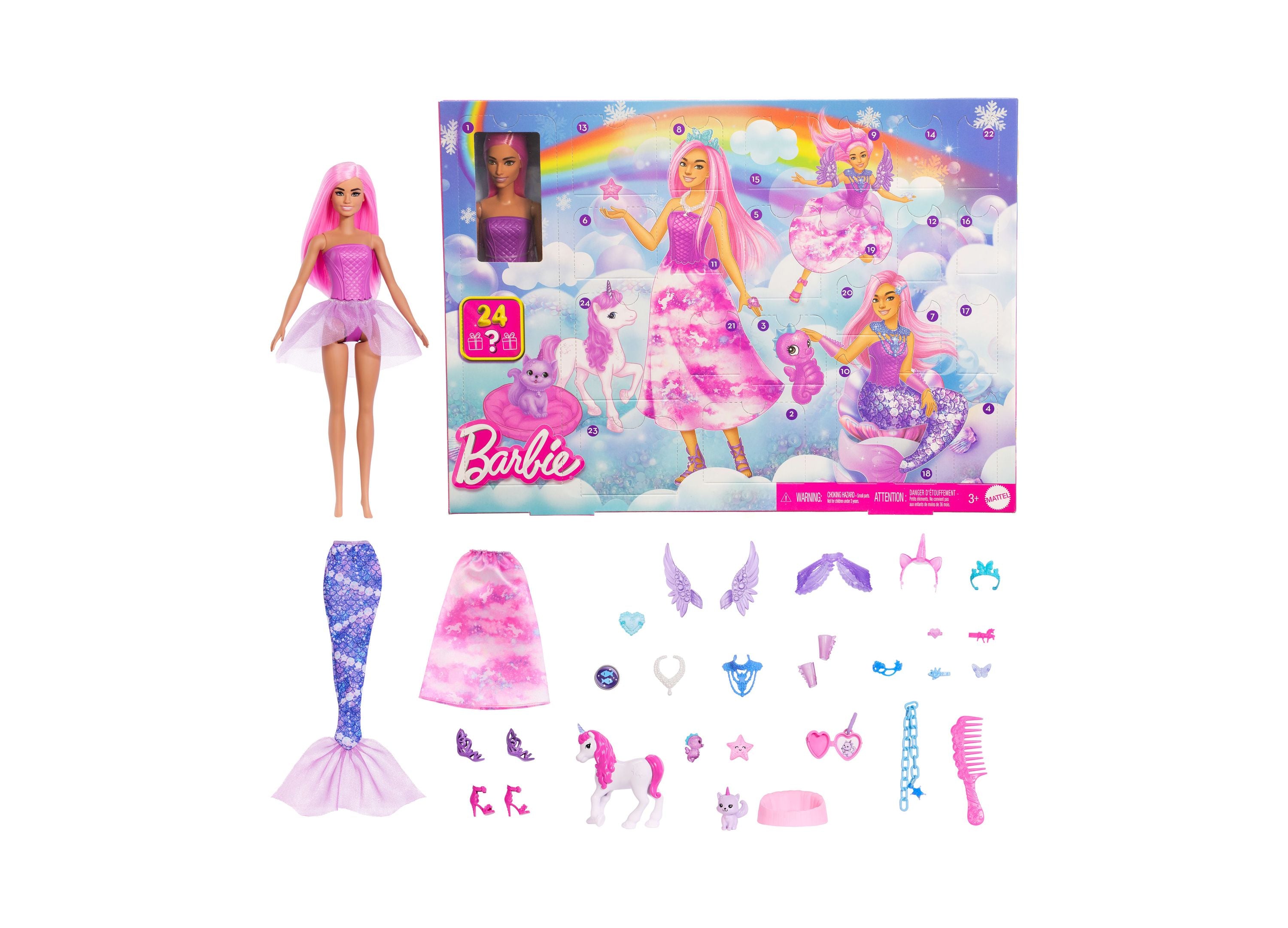 Barbie Fantasy-Themed Advent Calendar with Pink-Haired Fashion Doll and 24 Magical Accessories