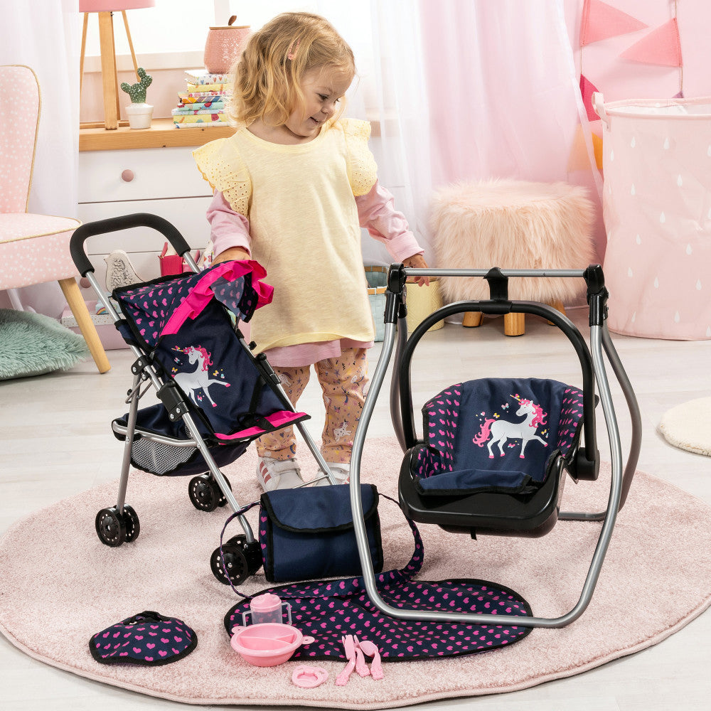 Bayer Design Dolls: 11 Piece Stroller Set - Navy, Pink, Hearts, Unicorn - Image 7