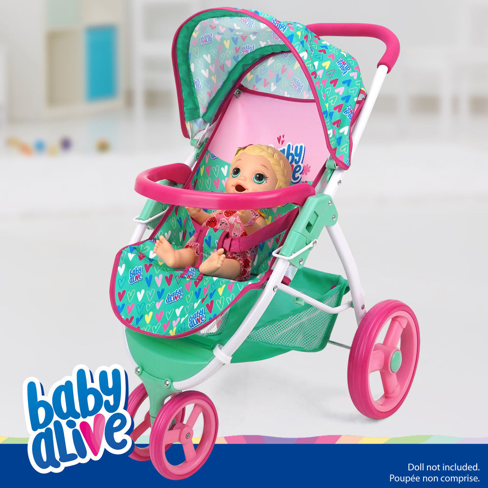 Baby Alive Heart-Themed Doll Jogging Stroller - Pink and Green Playset - Image 3