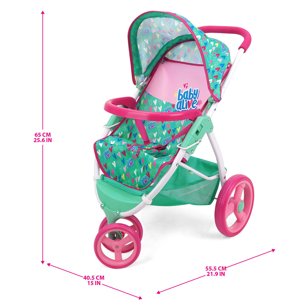 Baby Alive Heart-Themed Doll Jogging Stroller - Pink and Green Playset - Image 4