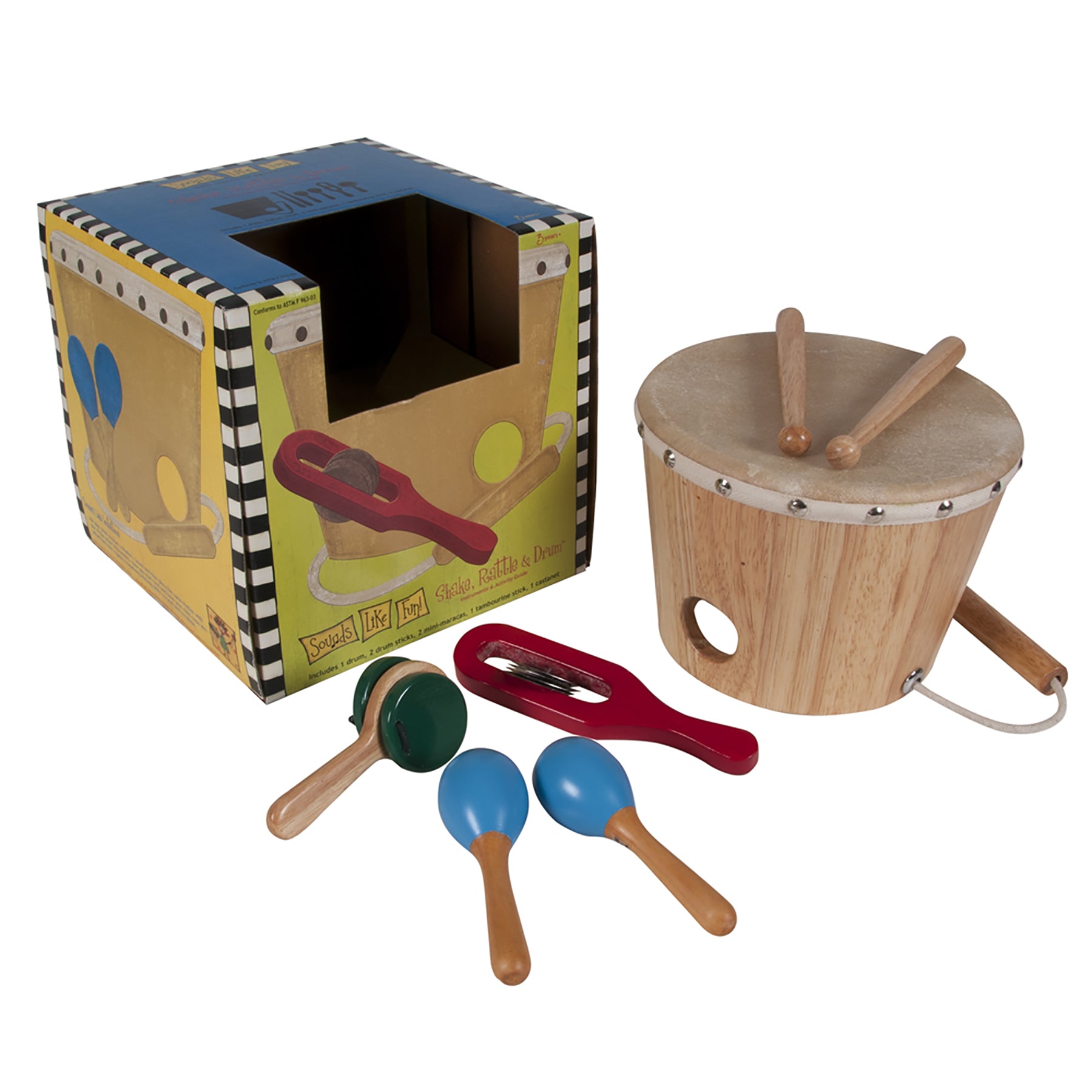 Sounds Like Fun! Wooden Shake Rattle and Drum Set - Image 2
