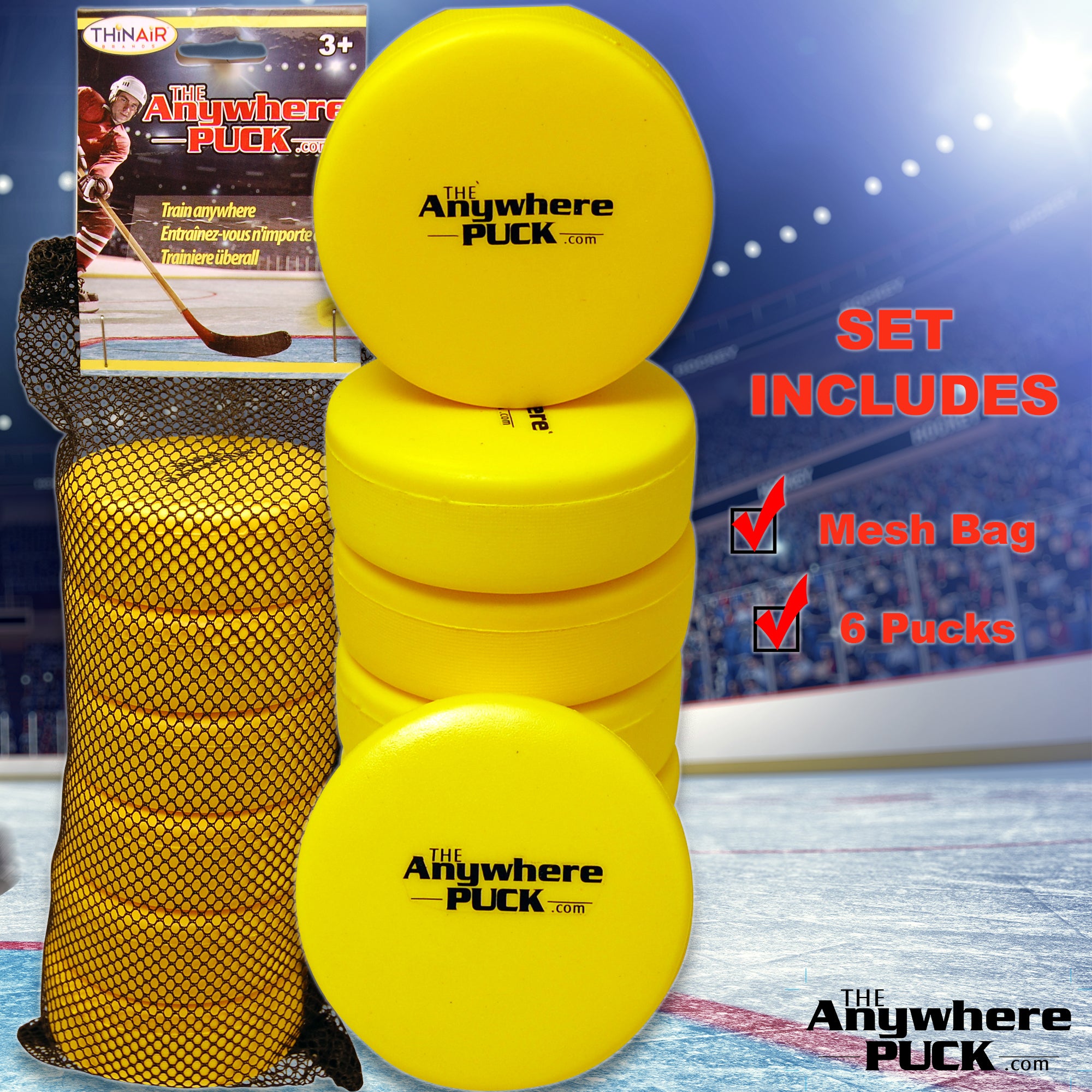 Anywhere Sports The Anywhere Puck 6-Pack Yellow Foam Hockey Training Set for Kids - Image 4