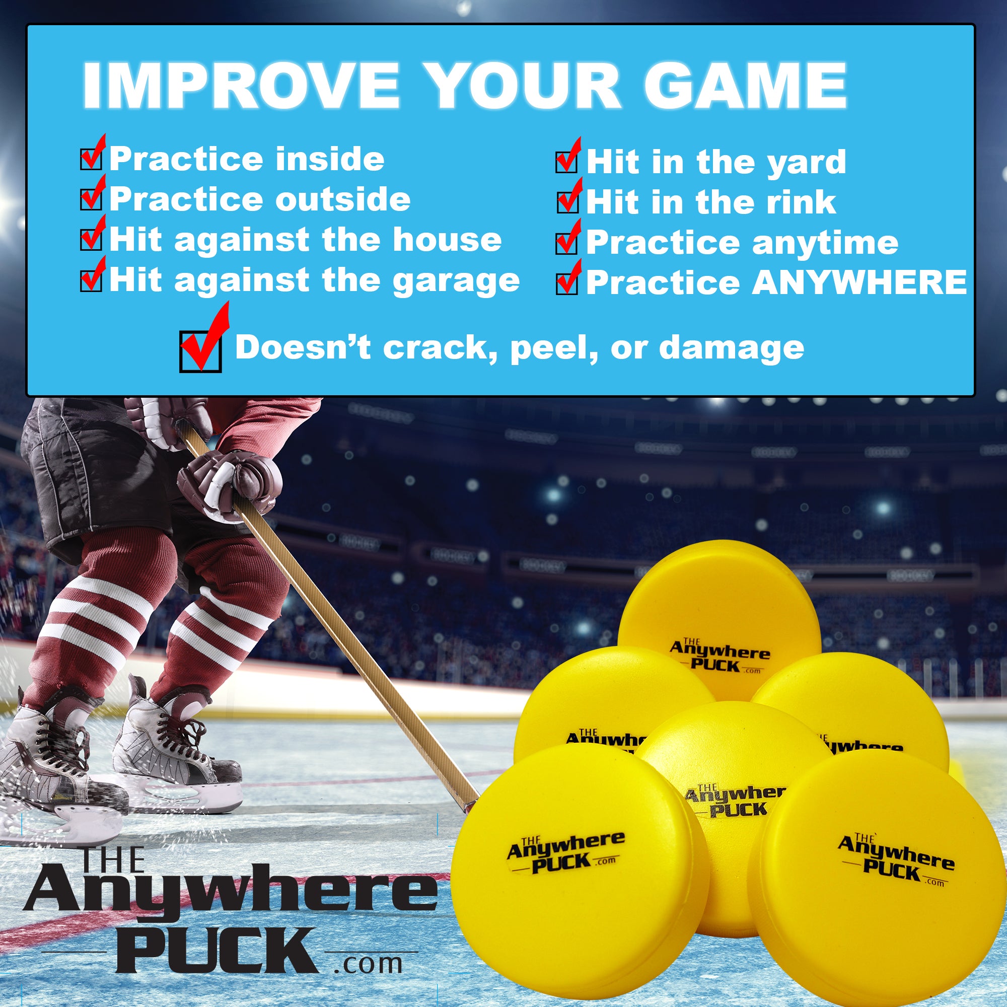 Anywhere Sports The Anywhere Puck 6-Pack Yellow Foam Hockey Training Set for Kids - Image 5