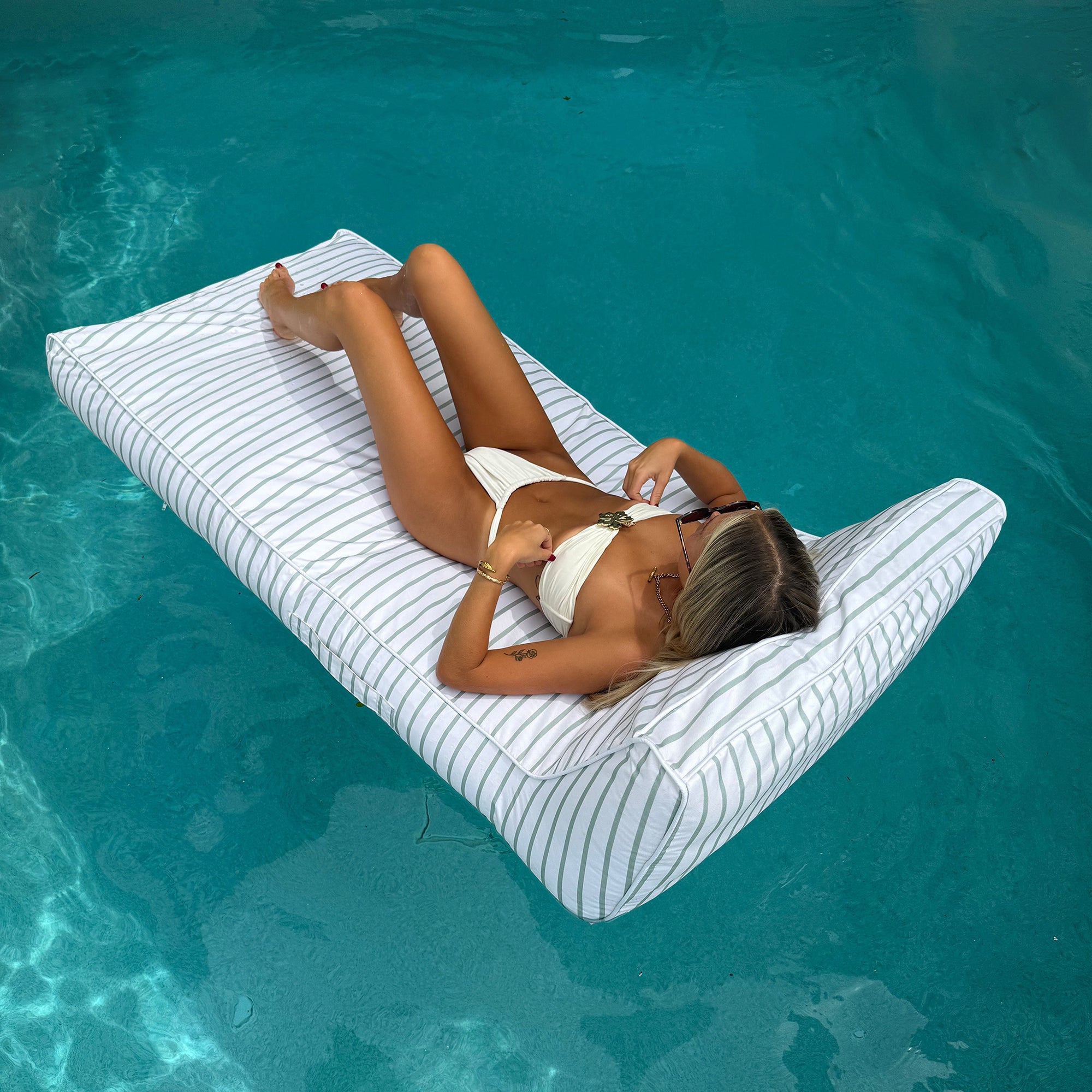 Sunnylife Luxe Lie-On Lounger - La Palma Sage Stripe Inflatable Pool Float - Image 4